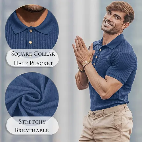 Vista 3 de Camisas polo musculares para hombre, manga corta, ajustadas, camisetas de golf para hombre, camisetas casuales de ajuste seco, camisas de bolos