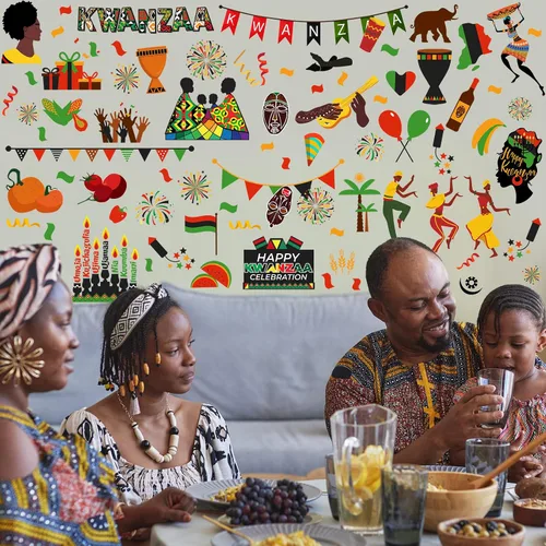 Vista 5 de Qeeenar 101 calcomanías Kwanzaa para ventana, calcomanías de vinilo para decoración de pared, calcomanías de vinilo Kinara, velas afroamericanas