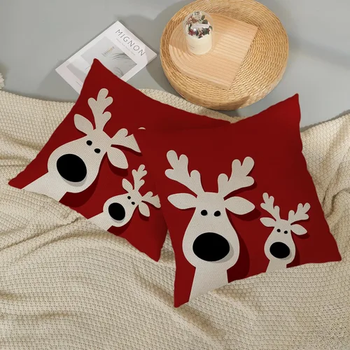Vista 5 de Juego de 2 fundas de almohada navideñas de 16 x 16 pulgadas, fundas de almohada de lino color rojo con diseño de alces y ciervos de invierno