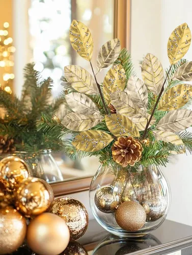 Vista 3 de Hollyone 60 cm de púas y aerosoles de árbol de Navidad 3 piezas tallos artificiales de magnolia color champán hojas de magnolia ramas de hoja de oro
