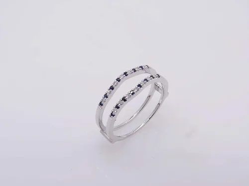 Vista 3 de Anillo doble de zafiro azul redondo de 14 quilates para mujer, aniversario, boda, realzador, doble anillo