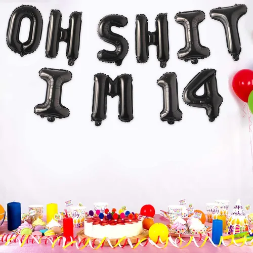 Vista 4 de Globos de látex de 16 pulgadas con texto en inglés "Oh I'm 14" Black Hallo Fourteen Cheers to 14 Years Old Theme Decor for Man Woman Happy 14th