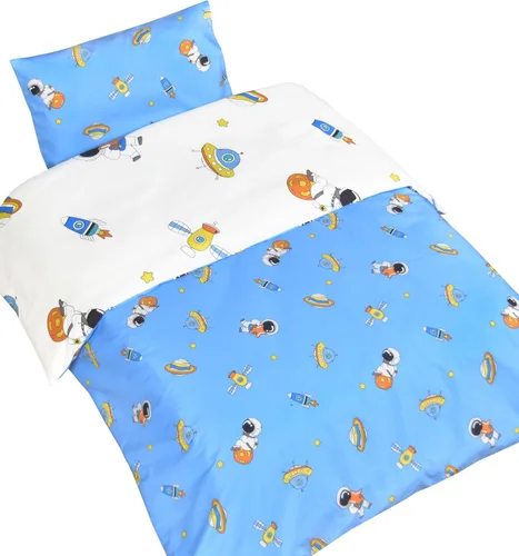 Vista 2 de MEJU Juego de funda de edredón 100% algodón de astronauta, satélite espacial y planeta, cohete azul, 43 x 59 pulgadas + funda de almohada de 13 x 19