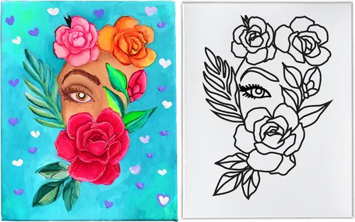 Vista 2 de INDIGO ART STUDIO Kit de pintura de lienzo predibujado para adultos y niños, estirado y estarcido, actividad artística, niña de las flores #1