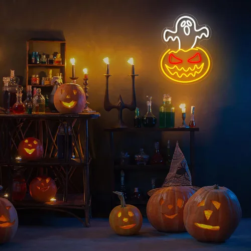 Vista 4 de Letrero de neón de calabaza fantasma de Halloween, cara de fantasma, luz de neón espeluznante de calabaza de neón, letreros LED regulables