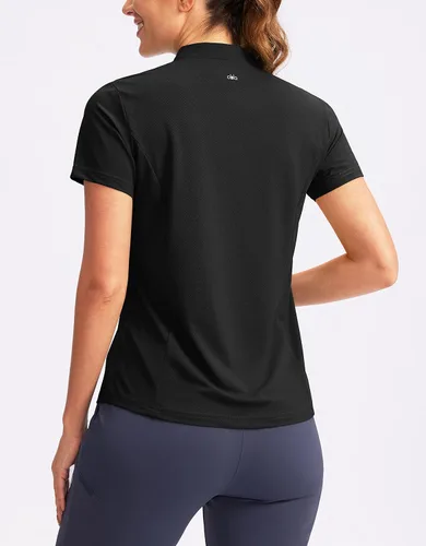 Vista 2 de Obla Polo de golf para mujer, cuello en V, manga corta, sin cuello, de secado rápido, para tenis, correr, camisetas de golf para mujer