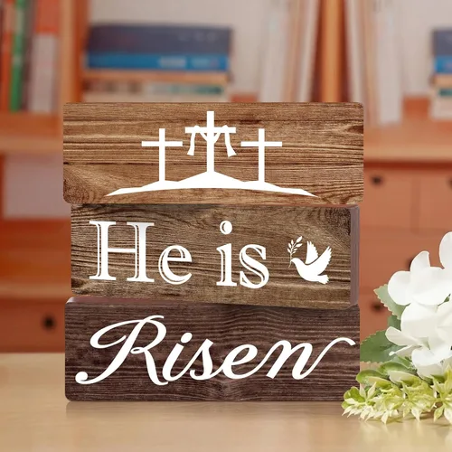Vista 11 de Qunclay Juego de 3 letreros de mesa de madera con texto en inglés "He is Risen" para decoración de mesa de madera de Pascua, centro de mesa