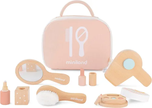 Vista 2 de Miniland Set de belleza de madera para muñecas, juego de accesorios de calidad con 6 piezas de madera y 1 funda de transporte para almacenamiento