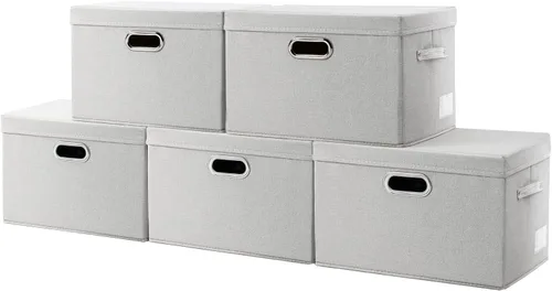 Vista 40 de PRANDOM Contenedores de almacenamiento con tapas [paquete de 3] cajas de almacenamiento plegables de tela de lino, canastas organizadoras, cubos