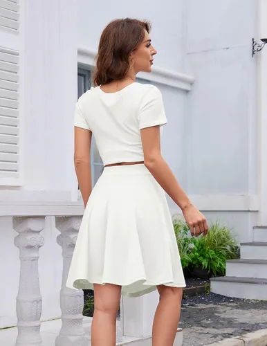 Vista 3 de DRESSTELLS Falda para mujer, minifalda patinadora, versátil, acampanada, básica, elástica, acampanada, casual, plisada