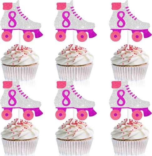Vista 9 de 18 piezas de decoración de cupcakes para fiestas de cumpleaños número 10, decoración de patín rosa y morado para niños de 10 años y niñas, fiesta