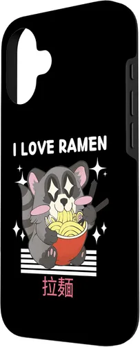 Vista 2 de iPhone 16 I Love Ramen Cute Kawaii Raccoon Eats Ramen Japanese Anime Case