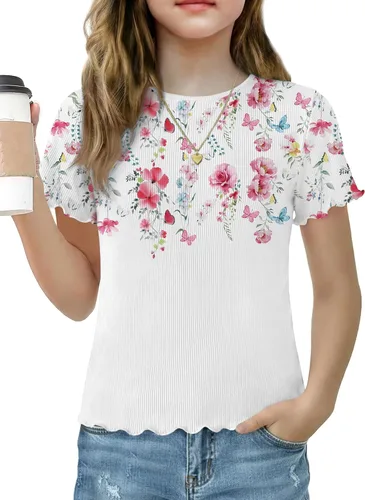 Vista 15 de Arshiner Camisas de manga corta con ribete de lechuga para niñas, camisetas de verano acanaladas con cuello redondo Blanco