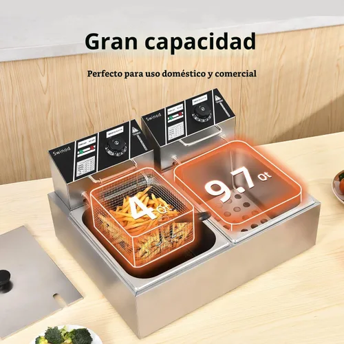 Vista 3 de Freidora comercial profunda con cestas, 3400W 12.7QT/12L de acero inoxidable engrosado para mostrador, freidora eléctrica de aceite de gran