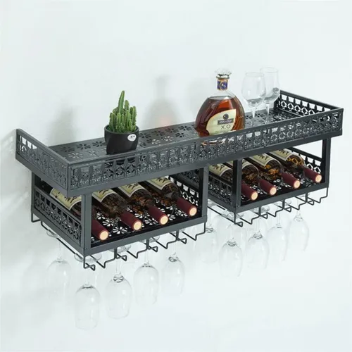 Vista 2 de Gdrasuya10 Estante de metal grande para vino montado en la pared, estantes de vino con soporte para copas de vino, soporte para botellas de vino
