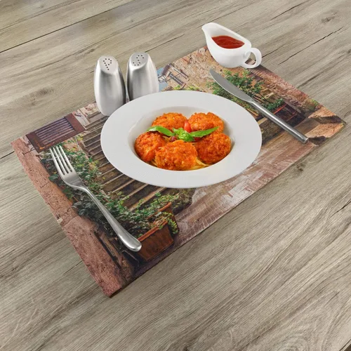 Vista 2 de Ambesonne Juego de 4 manteles individuales italianos, diseño de casas de piedra en la ciudad de Italia, diseño rural, diseño de la calle