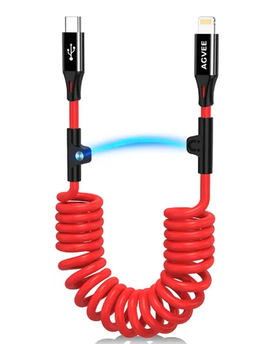 Vista 10 de AGVEE Cable de carga corto USB-C a Lightning en espiral de 1.5 pies [certificado MFI] Cable de carga rápida PD de 30 W en el automóvil para iPhone