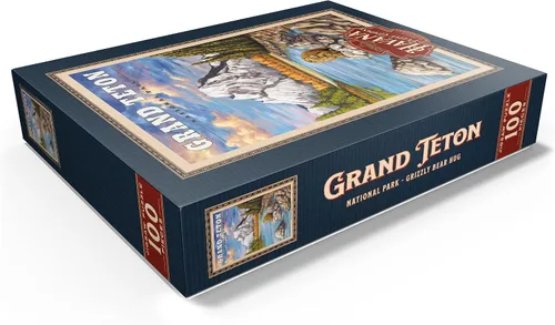 Vista 3 de MyPuzzle Grand Teton National Park – Grizzly Bear Hug, póster de viaje vintage – Rompecabezas de 100 piezas premium para adultos