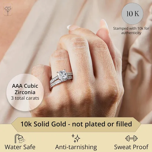 Vista 2 de MAX + STONE Anillo de compromiso de circonita cúbica cuadrada de corte princesa de 3.0 quilates con anillo de boda para mujer en oro blanco