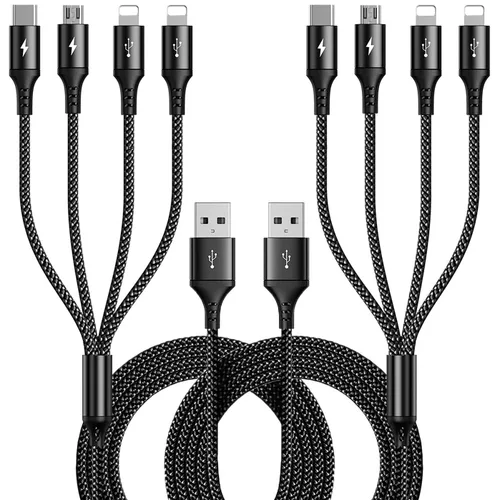 Vista 7 de RULUS Cable de carga múltiple corto [2 unidades/13.8 in], cable multiUSB 4 en 1, cable de carga rápida trenzado, cable de carga USB universal