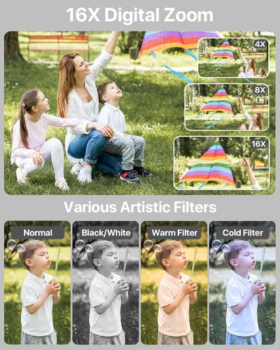 Vista 4 de Cámara digital, cámara para niños con tarjeta de 32 GB, FHD 1080P 44MP cámara de vlogging, cámara digital de zoom de 16X y disparo, cámaras Negro