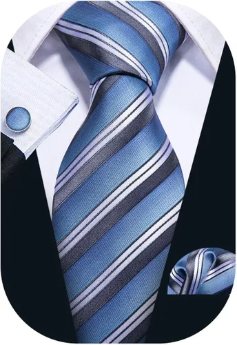 Vista 340 de Barry.Wang Juego de corbatas para hombre, corbata de seda a rayas, tejido a cuadros, gemelos formales, negocios, boda