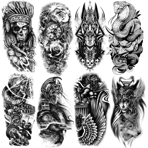 Vista 12 de 8 hojas de calcomanías temporales para tatuajes temporales de pierna de brazo de león del bosque, Jesús, cráneo, cráneo, rosa, corona de rosas