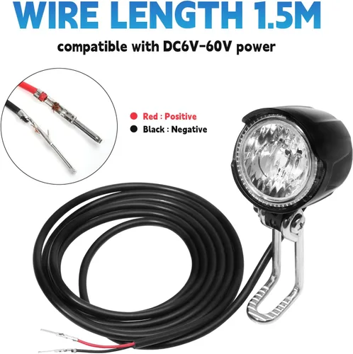 Vista 3 de Faro eléctrico para bicicleta, DC 6V-60V, brillo de 30 lux, luz delantera Ebike 2 pines con cable de 4.9 ft