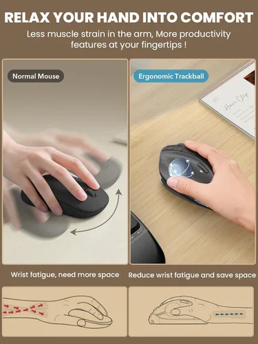 Vista 4 de Ratón de Trackball inalámbrico, ángulo ajustable recargable, mouse gris retroiluminado Ratón ergonómico MAM1 Pro con punta redonda con 5 niveles