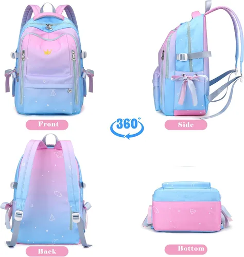 Vista 5 de Mochila para niñas y niños, bonita mochila escolar Kawaii ligera para escuela media y secundaria con bolsillo antirrobo, Negro Blanco, Mochila