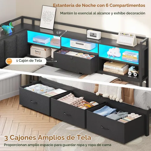 Vista 5 de Estructura de cama de esquina completa con 4 cajones, estantería y cabecero Negro