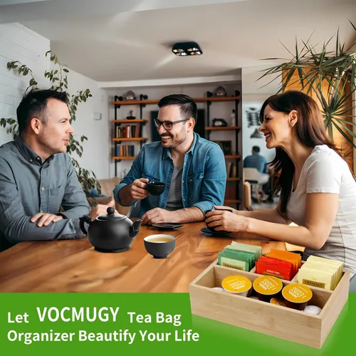 Vista 5 de Paquete de 2 organizadores de bambú para cajón, almacenamiento de bolsas de té de madera con 4 compartimentos, cajas de té para estante, estación