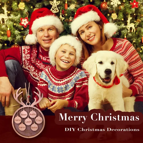 Vista 4 de Adorno de Navidad familiar personalizado 2023, adornos de madera para árbol de Navidad con cuerda pequeña, de 1 a 10 nombres personalizados