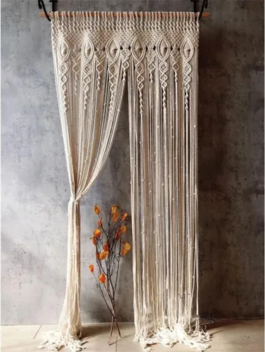 Vista 2 de Cortinas de macramé para decoración de pared, macramé para colgar en la pared, 79 x 35 pulgadas, 1 panel Handmade, Cotton, Bohemian Style, For