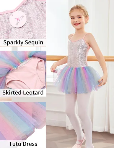 Vista 5 de Zaclotre Leotardo de lentejuelas para niñas pequeñas, leotardos de ballet con correa brillante, vestido tutú, traje de bailarina, disfraz de baile