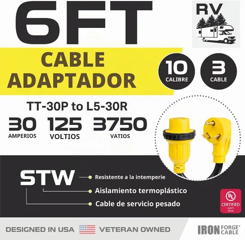 Vista 2 de Iron Forge Cable de extensión RV de 30 amperios, 6 pies - TT-30P a L5-30R