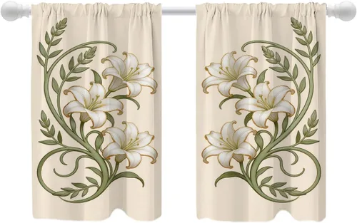 Vista 31 de Shrahala Art Nouveau Floral Pattern Blackout Curtain Tiers, Delicate Vine and Flower Design Kitchen Valance Light Blocking Tier Drapes with Rod