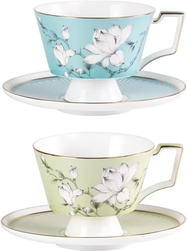 Vista 12 de KAMMAK Juego de 2 tazas de café de cerámica, tazas de café de porcelana con platillos, 6.52 onzas hechas a mano, elegante taza de té de porcelana