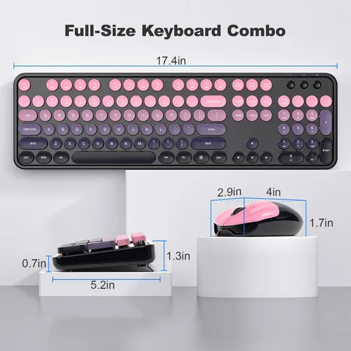 Vista 7 de Dilter Combo de teclado y mouse inalámbricos, teclado retro con teclas redondas, ergonómico de tamaño completo, ideal para PC con Windows, hogar
