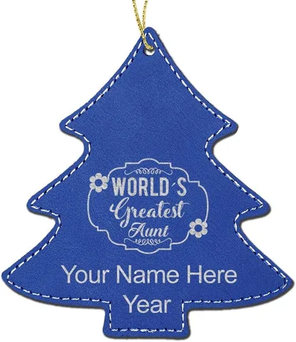 Vista 5 de LaserGram Adorno de Navidad personalizado, la tía más grande del mundo, piel sintética, idea de regalo grabada con láser personalizado