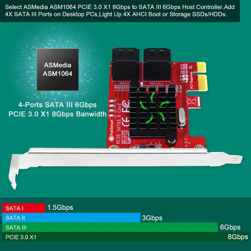 Vista 2 de Tarjeta de expansión PCIE 3.0 a 4 puertos 6Gbps SATA III para PC de escritorio, Plug and Play en Windows OS, MAC OS, Linux, ASMedia ASM1064