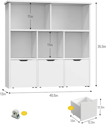 Vista 2 de Teckid Organizador de almacenamiento de juguetes con 3 cajones móviles y 5 cubos abiertos, estantería para niños y armario de almacenamiento