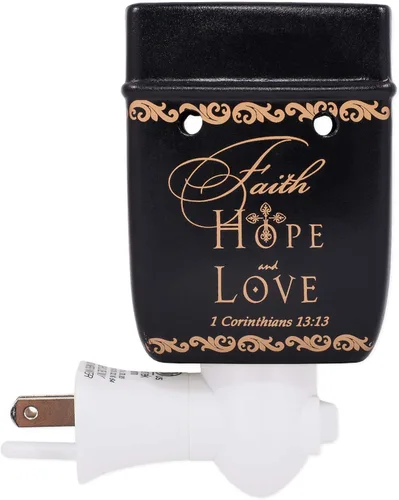 Vista 3 de Elanze Designs - Vela eléctrica de cerámica eléctrica con calentador de aceite con texto en inglés “Faith Hope Love 1 Corinthians 13:13