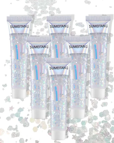 Vista 15 de Gel con purpurina para la cara y el cuerpo, 6 colores, con lentejuelas gruesas holográficas, pintura para fiestas, cantantes, conciertos, festivales