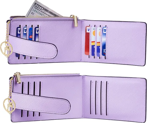 Vista 4 de Chelmon Billetera delgada con bloqueo RFID para mujer, con bolsillo con cremallera, Púrpura claro, Minimalista