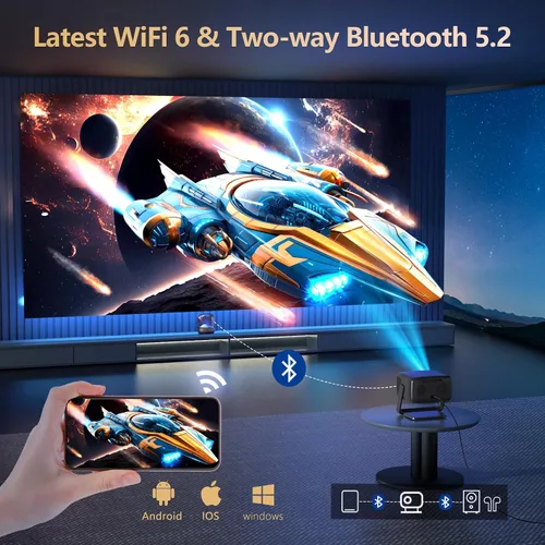 Vista 6 de 3200 ANSI/Aplicaciones oficiales/Proyector 4K con soporte de 360° con WiFi y Bluetooth, enfoque automático, proyector de corto alcance Keystone