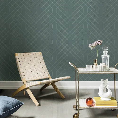 Vista 2 de Scott Living 2964-25911 Ballard Teal Geometric Papel pintado Gris
