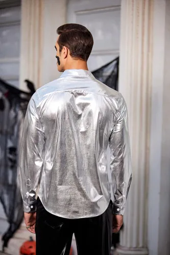 Vista 3 de COOFANDY Camisas de manga larga con botones para hombre, diseño de discoteca metálica brillante