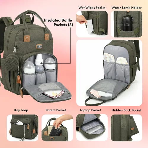 Vista 4 de Dikaslon Mochila para pañales con cambiador portátil, funda para chupete y correas para cochecito, bolsas de bebé unisex grandes para niños y niñas