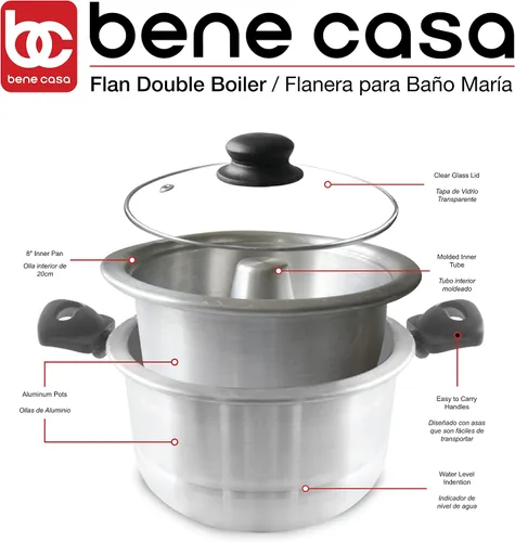 Vista 4 de Bene Casa - Caldera doble de molde de flan de aluminio con tapa de vidrio (1.6 litros) - Incluye sartén interior de aluminio (8") - Apta